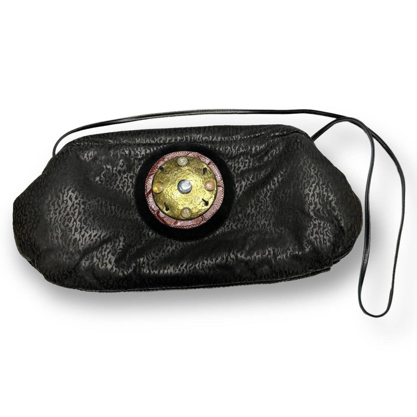 UnbrandedVintage Textured Leather OOAK Black Shoulder Bag Brass And Glass Embellishment - Black Dog Vintage