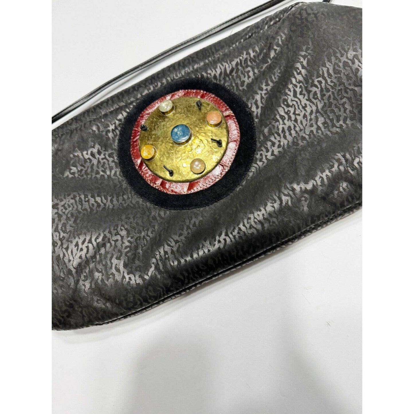 UnbrandedVintage Textured Leather OOAK Black Shoulder Bag Brass And Glass Embellishment - Black Dog Vintage