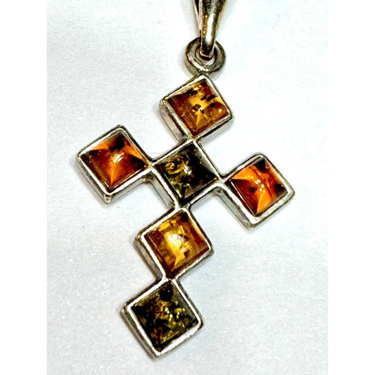 unknoSterling Silver Crucifix Cross Pendant Necklace Baltic Amber - Tested - Black Dog Vintage