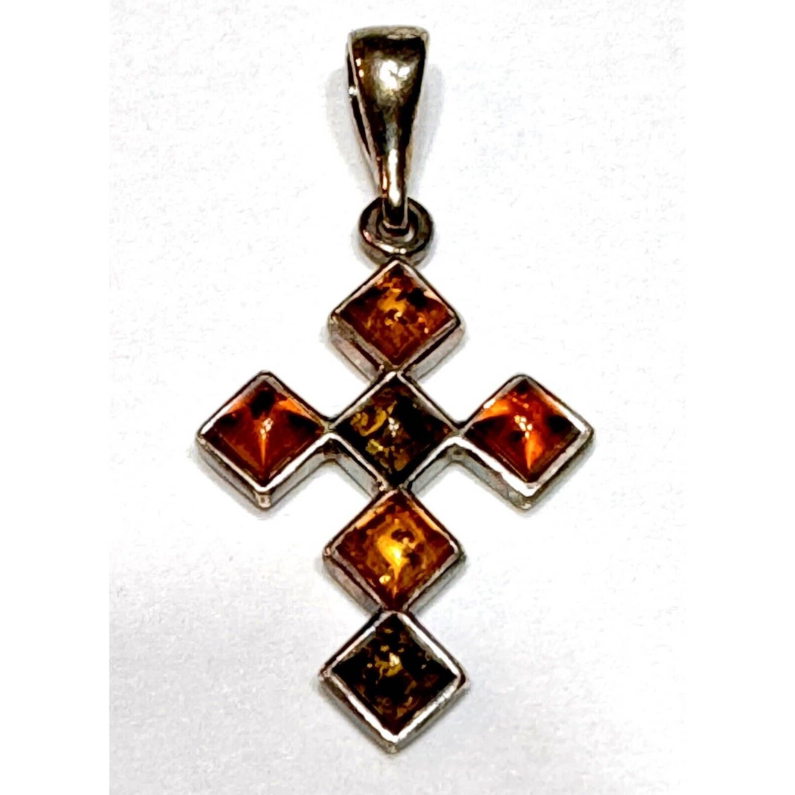unknoSterling Silver Crucifix Cross Pendant Necklace Baltic Amber - Tested - Black Dog Vintage