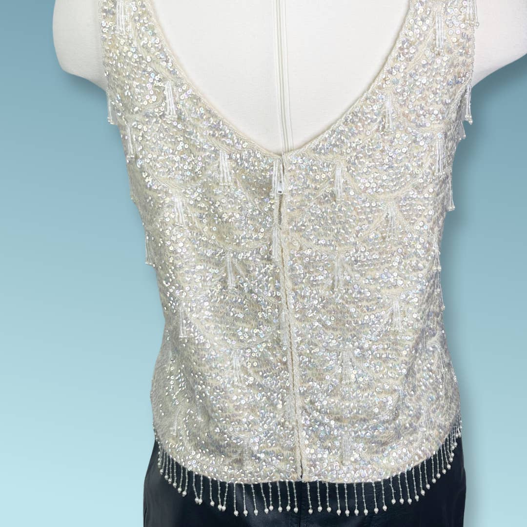 unknown1960's Iridescent Sequined and Beaded Knit Camisole Sweater Top - Zipper Back - Black Dog Vintage