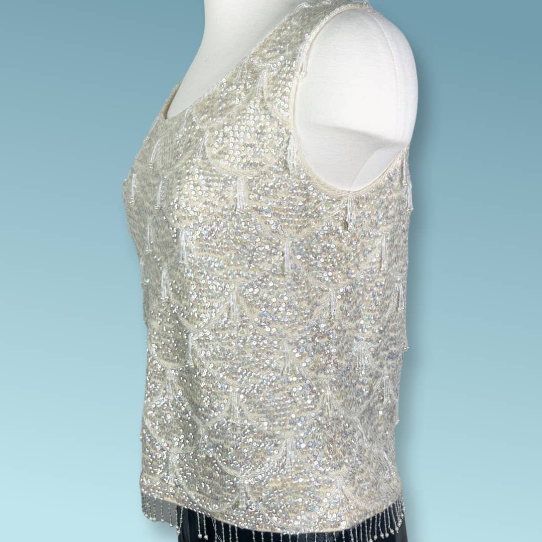 unknown1960's Iridescent Sequined and Beaded Knit Camisole Sweater Top - Zipper Back - Black Dog Vintage