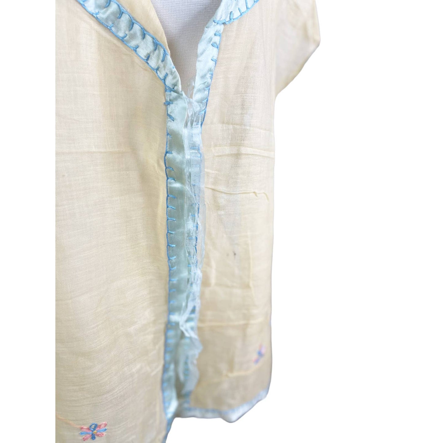 unknownAntique Yellow Silk Short Sleeve Bed Jacket Blue Silk Ribbon Trim Embroidered - Black Dog Vintage