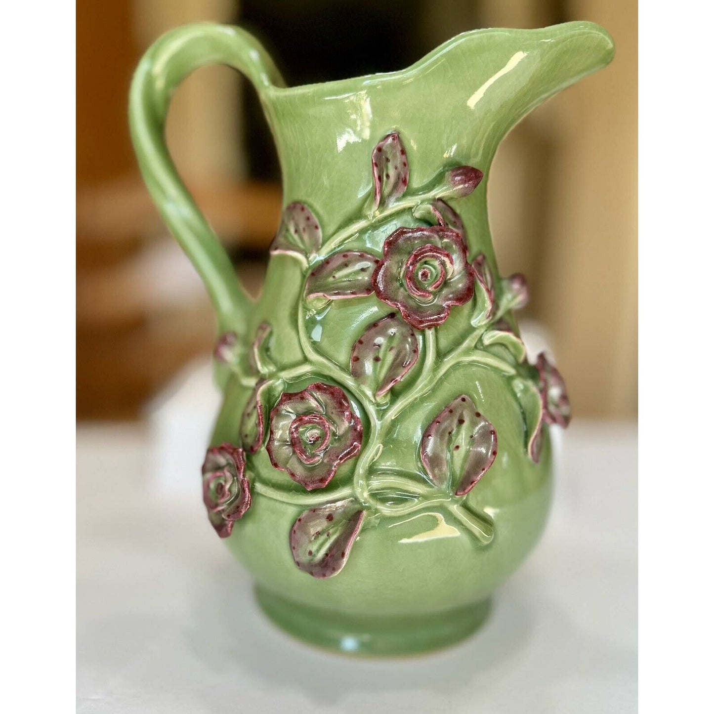 UnknownLarge Crackle Glazed Ceramic Green And Pink Floral Decorative Pitcher - Black Dog Vintage