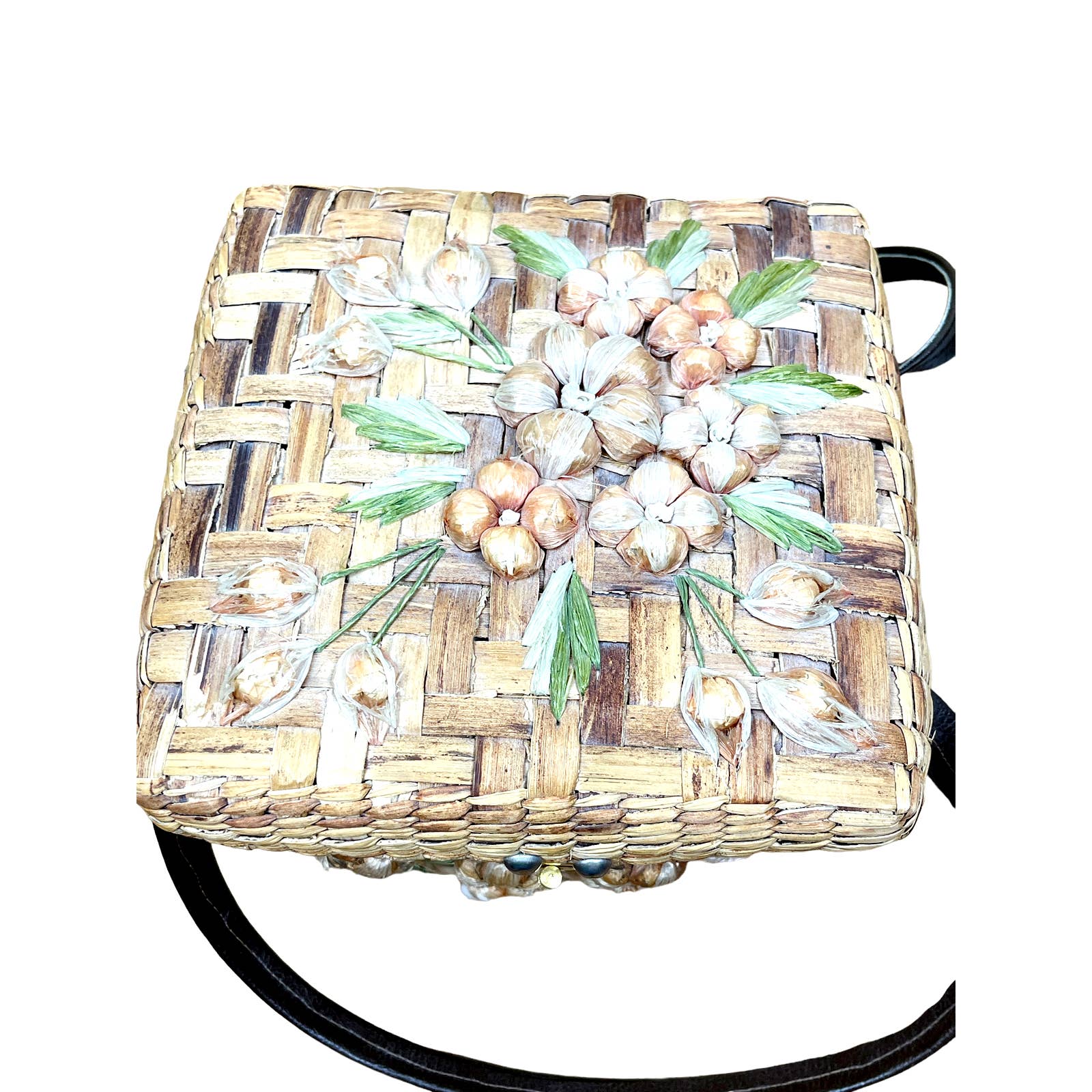unknownVintage 1960's Straw Top Handle Box Purse W/ Raffia Flowers Made In Philippines - Black Dog Vintage